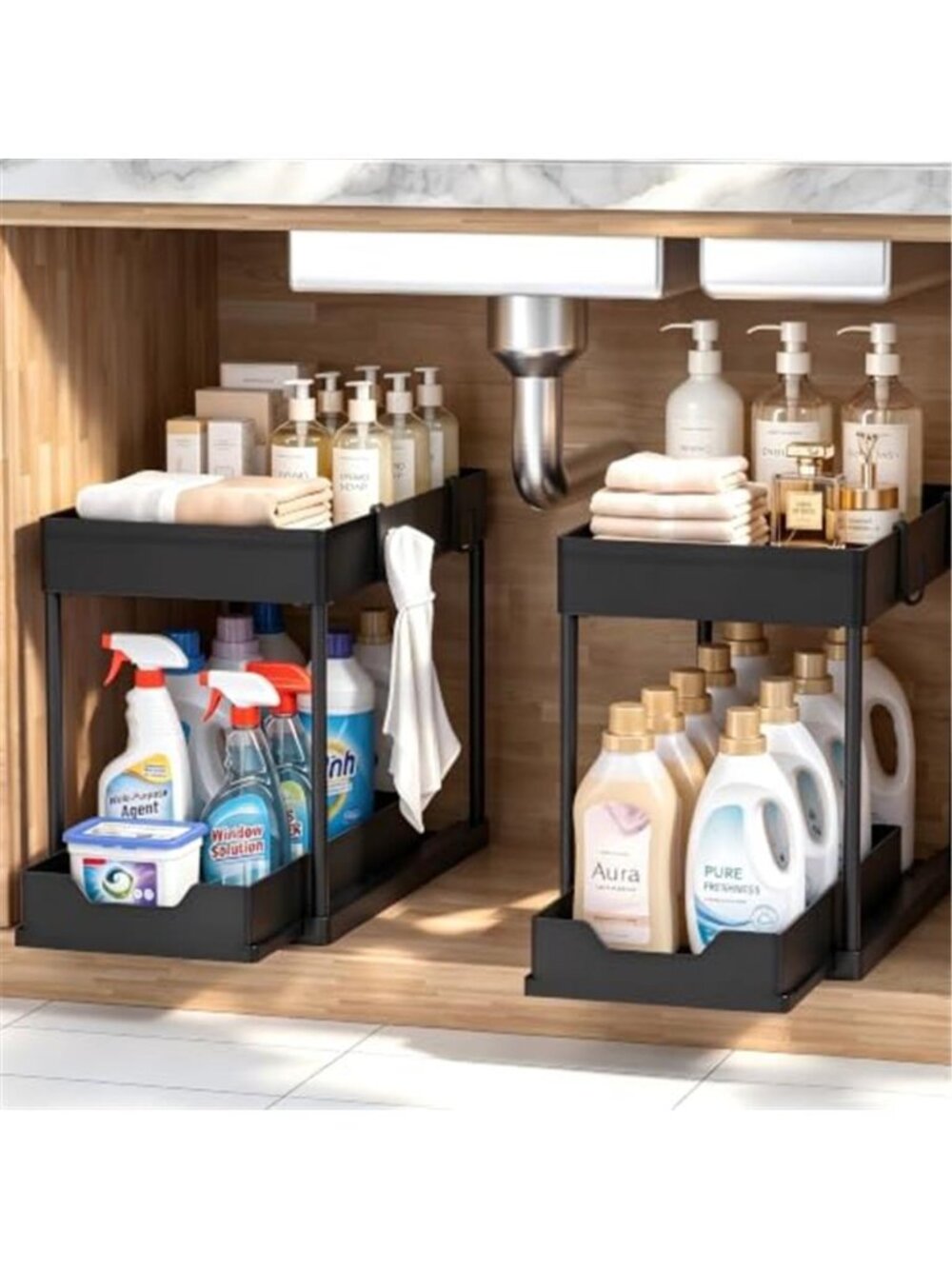 Under Sink Organizer 2 Pack, Bathroom Cabinet Organizer, 2 Tier Sliding Cabinet